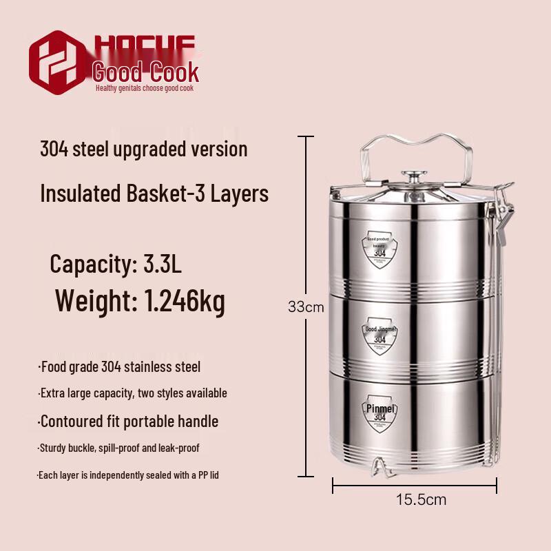 HOCUF 304 Stainless Steel Multi-Layer Insulated Lunch Box 3.3L