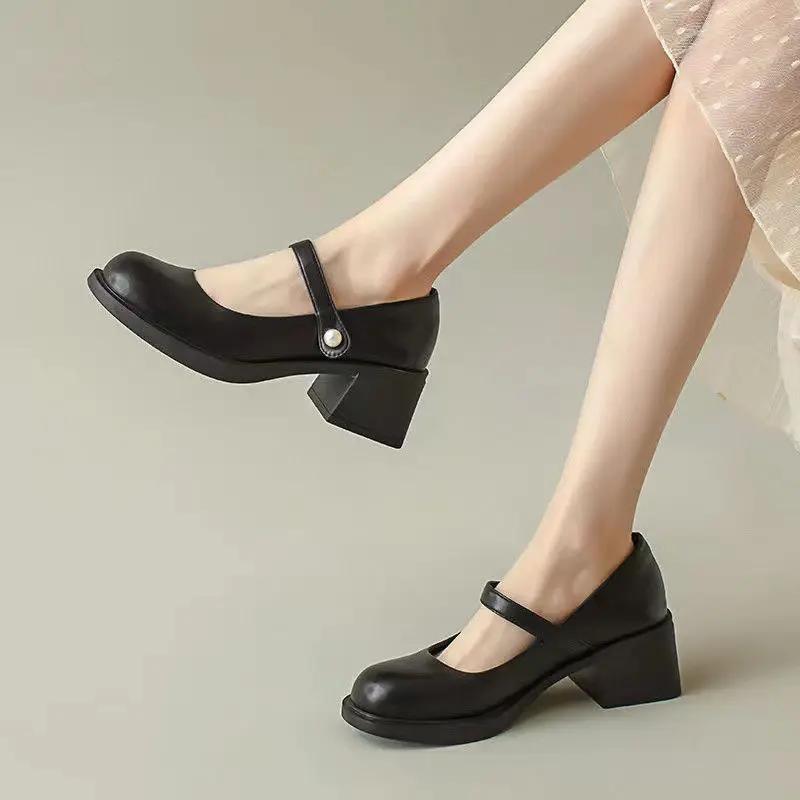 Fashion Round Toe Ladies Pumps Block Heel Gothic Chunky Heels Women's Shoes with Medium Mary Jane Japanese Style Lolita on Sale Slip 39