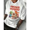 European sizes Casual Short-Sleeved T-Shirt for Men Featuring a Dragon Design And a Warm Wooden House Pattern with Letter Prints
