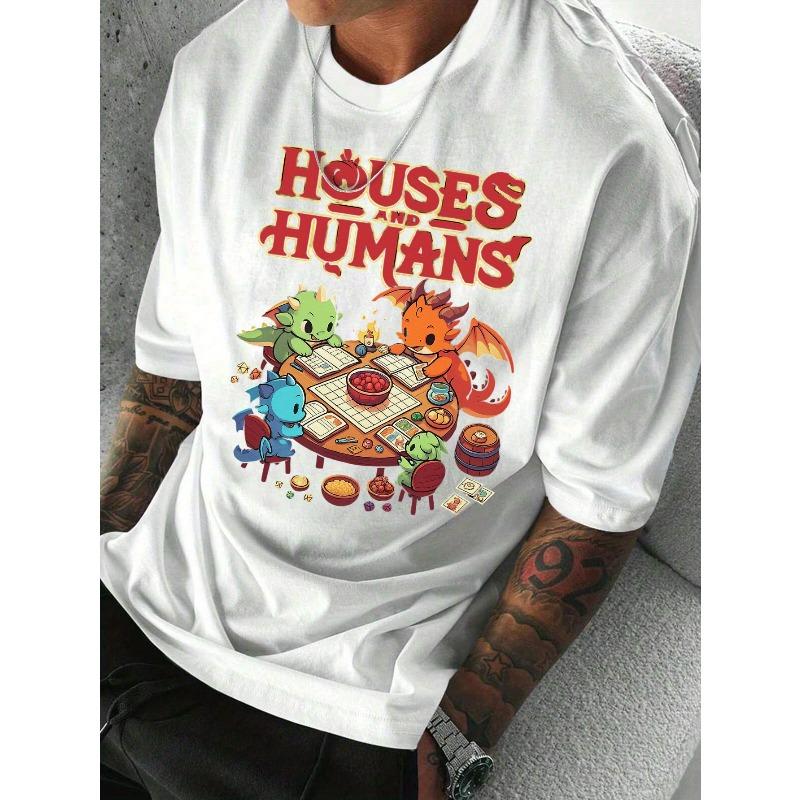 

Европейский размер Повседневная мужская футболка с коротким рукавом с изображением дракона и узором теплого деревянного домика с принтами букв S белый