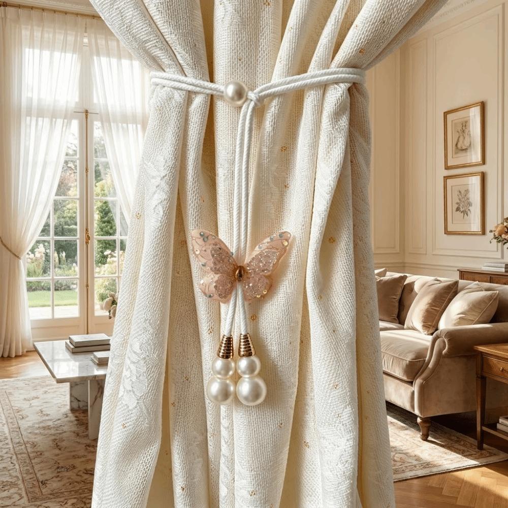 2PCS Adjustable Butterfly Curtain Tie Strap Creative Artificial Pearl Curtain Rope Decorative Curtain Binding Home Decor