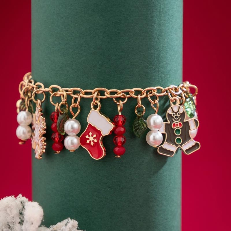 Christmas Bell Bracelet Multi Color Stretch Beads Featuring Snowflakes And Trees Perfect For Holiday Celebrations