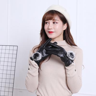 Latest Winter Womens Warm Touch Screen Leather Gloves Cycling Electric Car Hairball Pu Leather Thickened Velvet Gloves