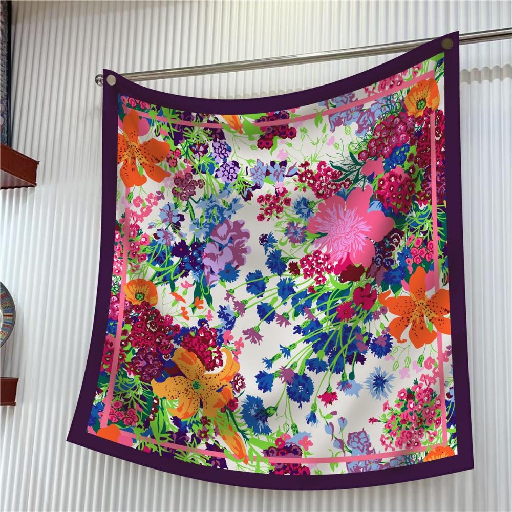 Silk Scarf Women Floral Printed Square Scarves Head Echarpes Silk Foulards Femme Wraps Beach Shawls Bandana Lady Hijabs 90CM