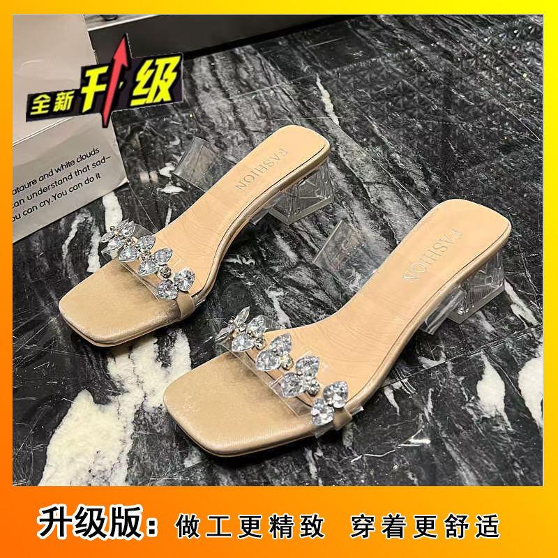 Daily casual fashion high sense transparent word with medium heel thick heel crystal sandals rhinestone slippers women