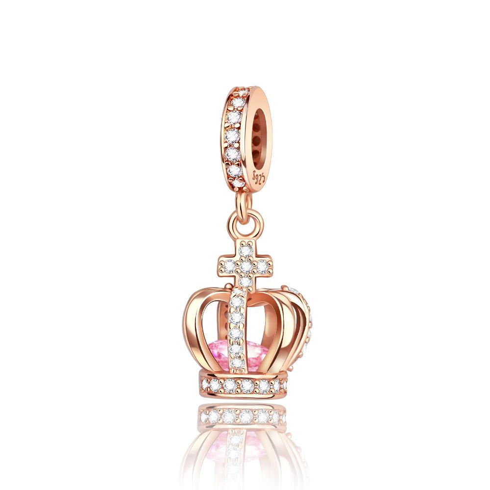 S925 Silver DIY Fashion Beaded Queen Crown Pendant Rose Gold Bead Accessories
