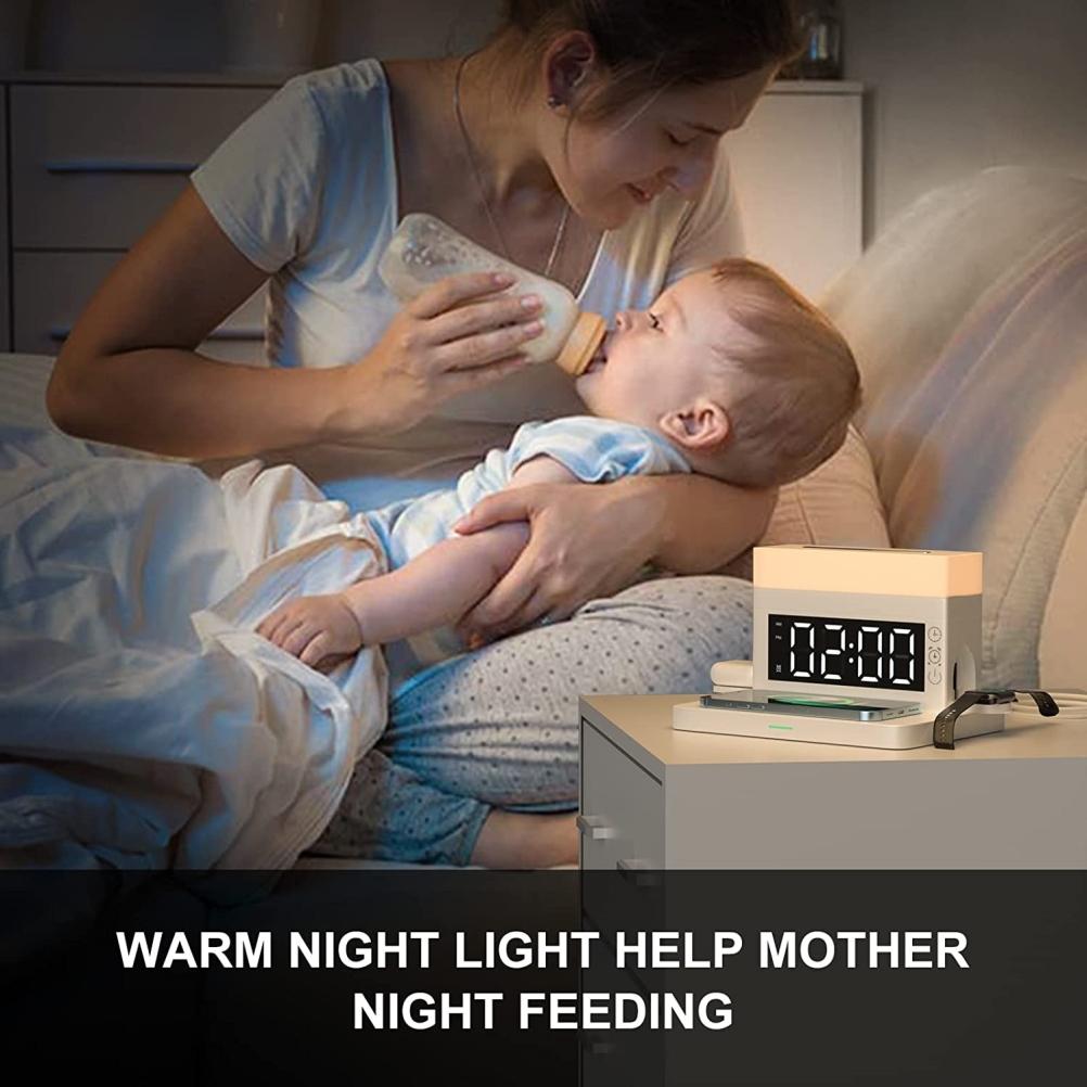 Stație de încărcare wireless 6 în 1 cu ceas deșteptător digital cu lumină de noapte LED, încărcare rapidă de 18W