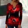 Haut à manches longues pour femme, printemps automne, plissé, à boutons, col à pointes, imprimé Halloween