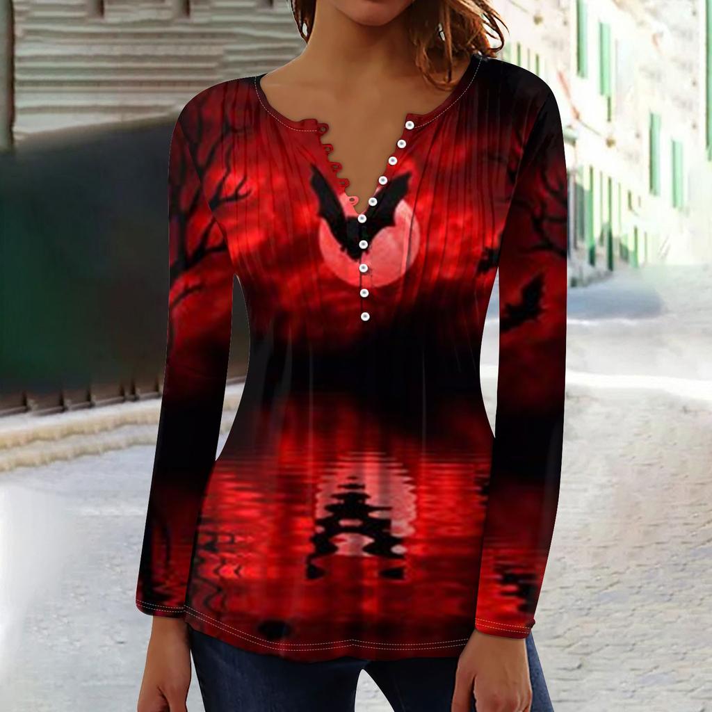 Damen Frühling Herbst Plissiertes Hemd mit Knopfleiste Kragen Halloween Print Langarm Top