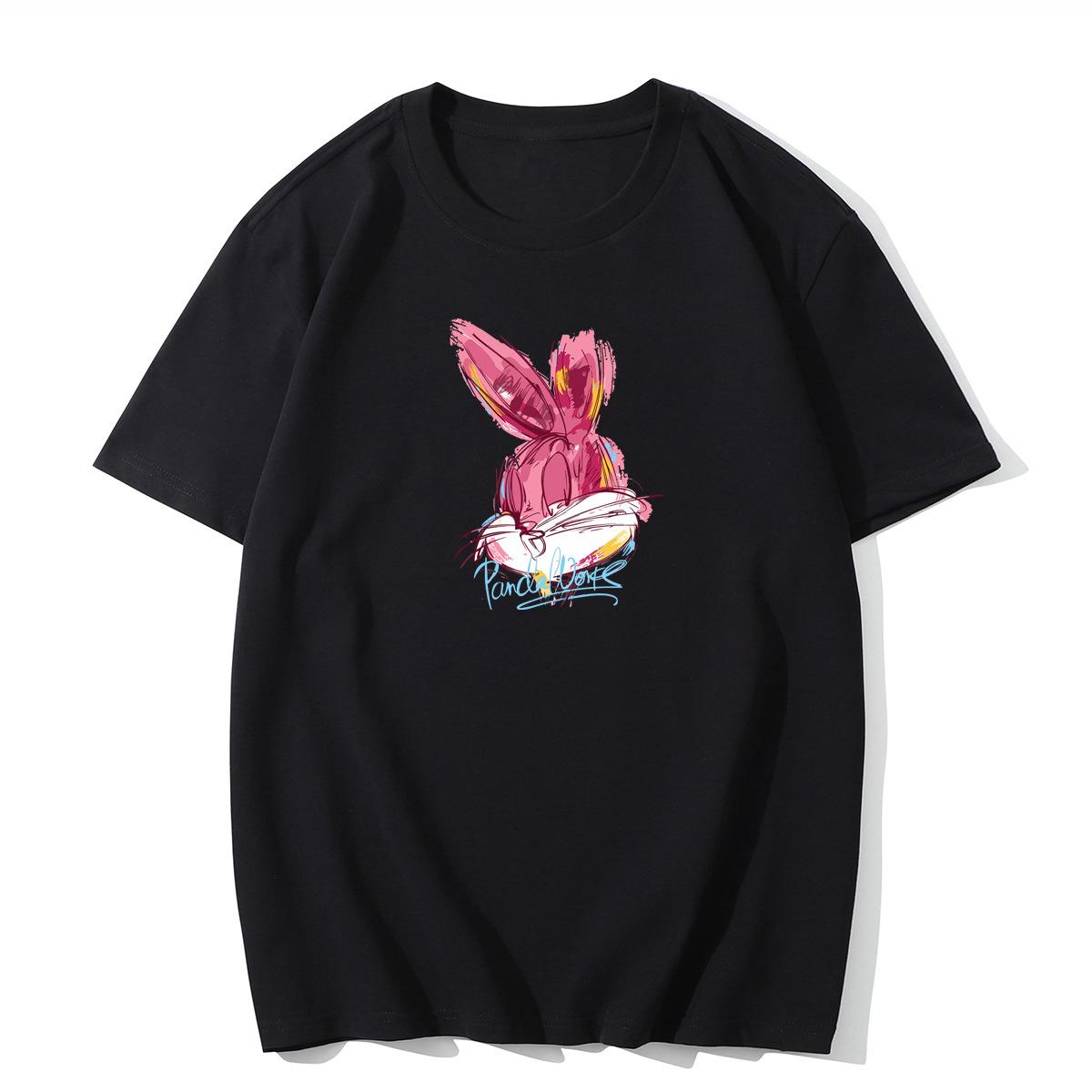 

Летний топ с круглым вырезом и принтом розового кролика, модные повседневные женские футболки из чистого хлопка с короткими рукавами 3XL чёрный