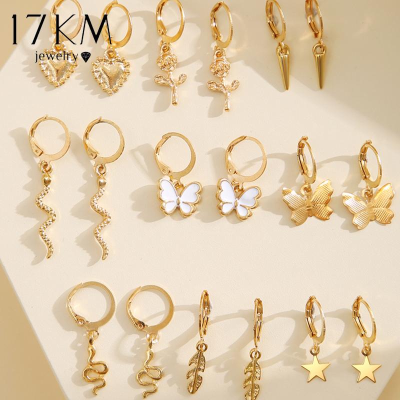 17KM Vintage Küpe Seti Metal Altın Rengi Sarkan Küpeler Kalp Kelebek Çember Küpeler Geometrik Moda Takı Trend
