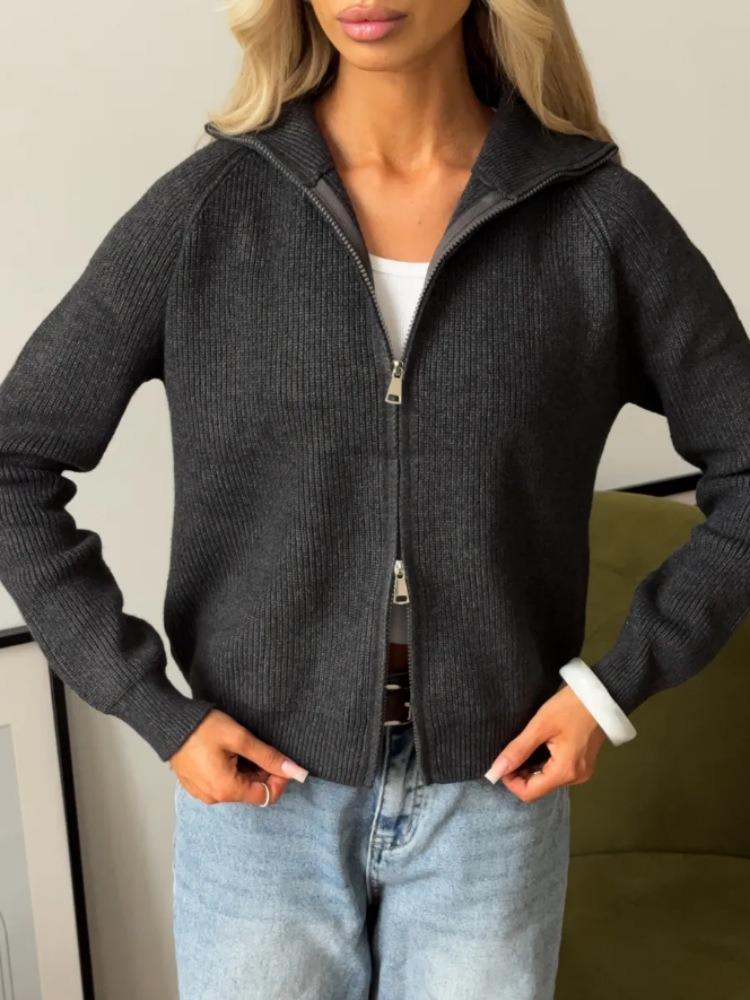Knit Cardigan Double Zipper Women Sweater Long Sleeve Casual Drawstring Coat 2026 Autumn Winter Loose Fit Solid Color Jackets