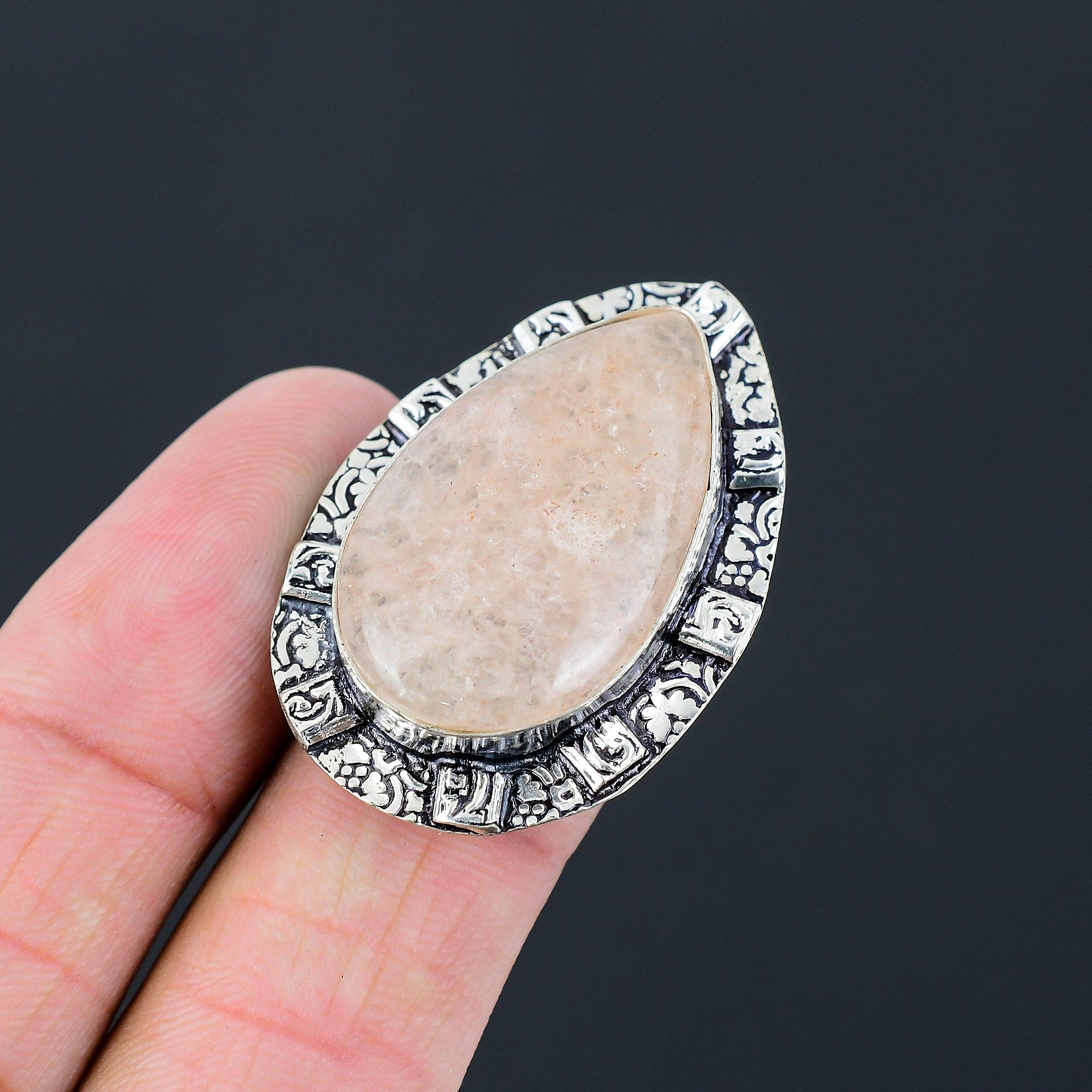 925 Sterling Silver Pear Natural Rose Quartz Wife Promise Ring Jewelry US 7.5 7.5