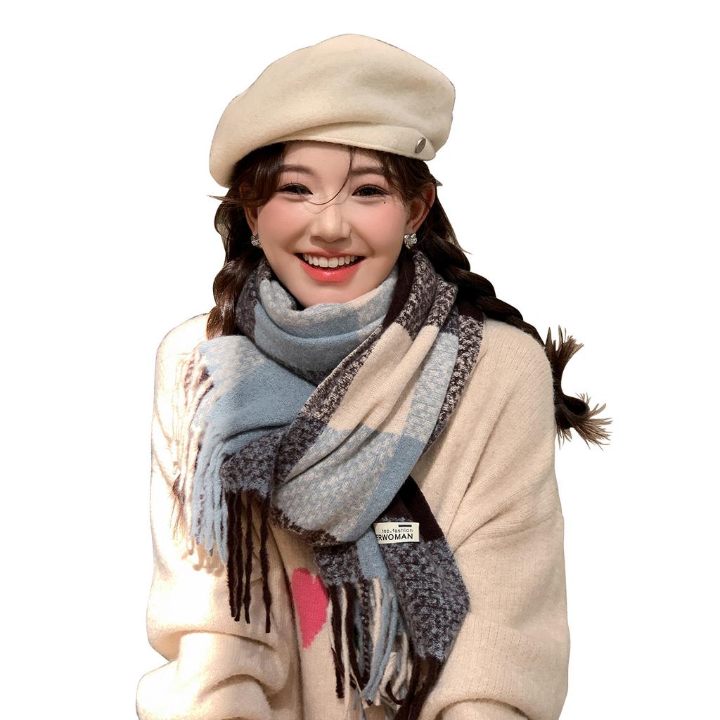 1116 New Square Plaid Thickened Scarf Femininity Versatile Warm Scarf Advanced Sense Color Matching Tassel Shawl