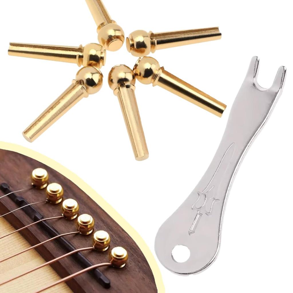 Audiofan Guitar Bridge for Acoustic End with Pin Remover Pins, 6-Pack, Approx. 28mm, Brass, Guitars, Pins,