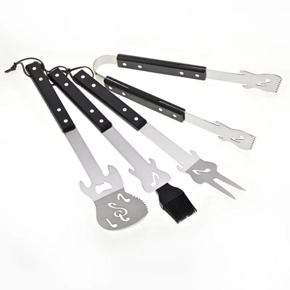 Stainless Steel Grilling Tool Set Wooden Handle Combination BBQ Shovel Fork Clamp Silicone Brush Comfortable Grip