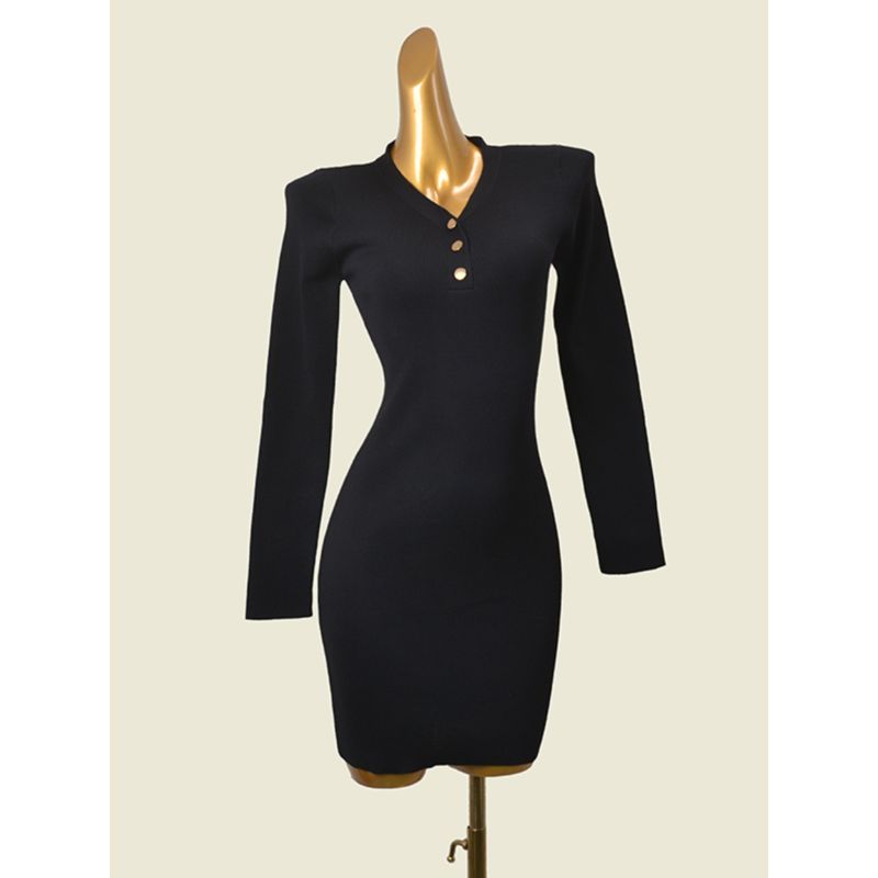 Foreign Trade Original Order Minimalist Black Long Sleeves Bodycon Dress Fashion Wind High Elastic Silm Metal Buckle Knitting Base Dress