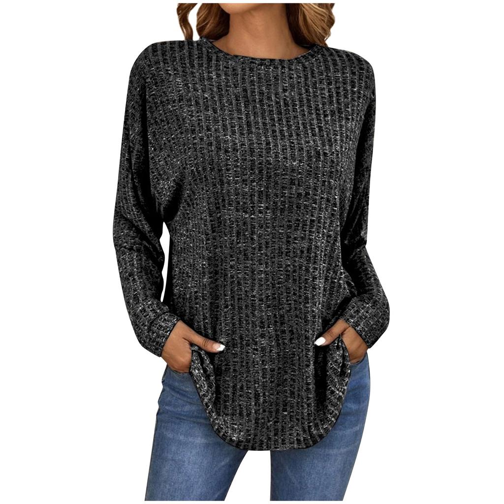Women's Casual Knit Pullover Sweater Long Sleeve Loose Fit Round Neck Ribbed Texture Oversized Top for Everyday Wear