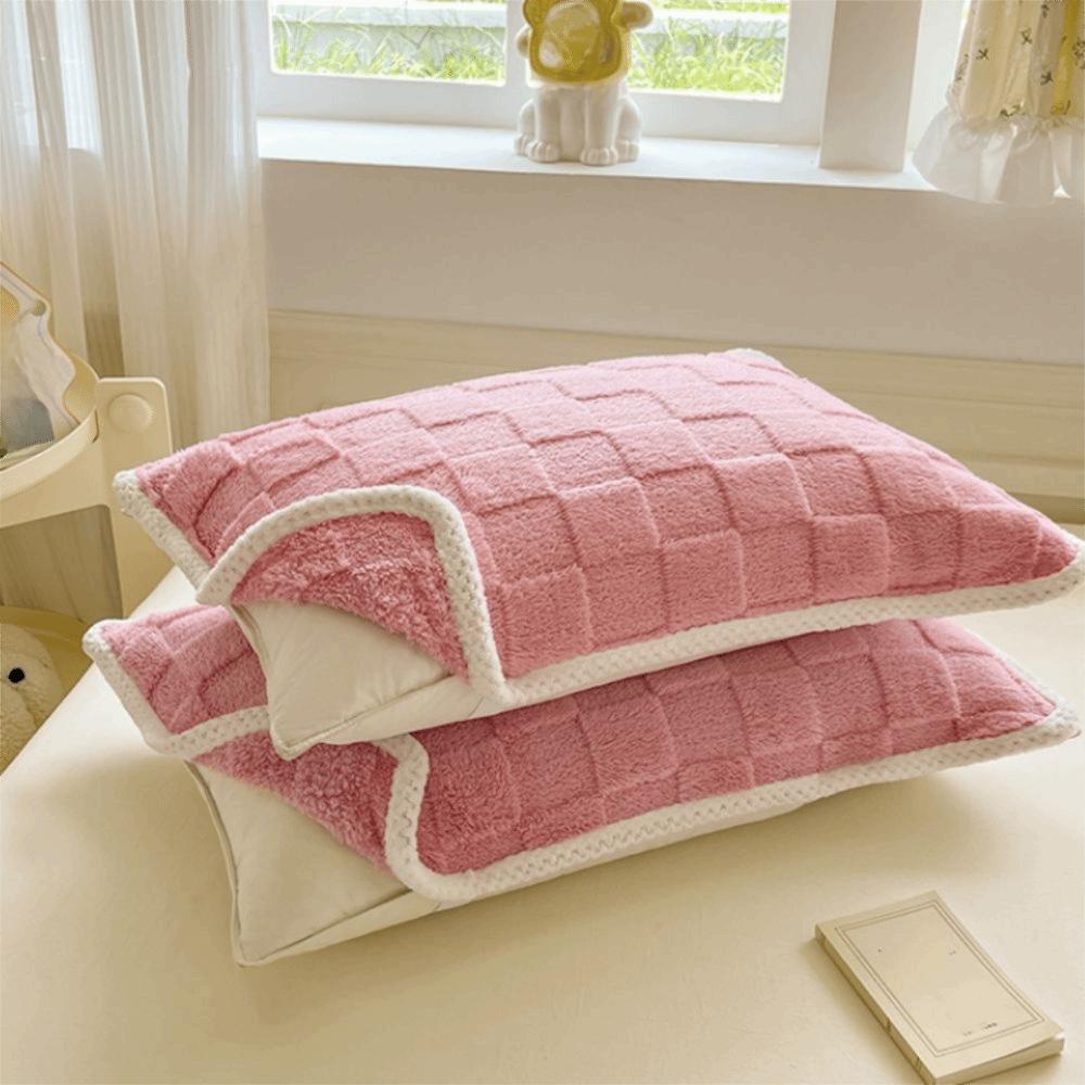 2 pieces Coral Fleece Pillow Cover Plush Pillow Towel Durable Grid Jacquard Pillowcases  Dormitory