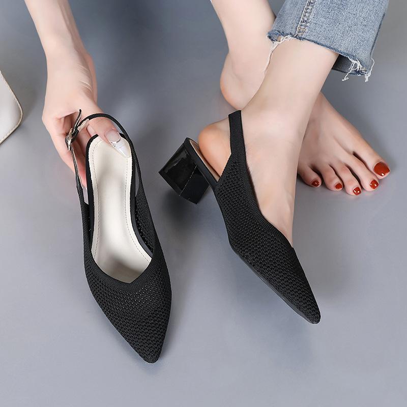 Baotou Thick Heel Sandals Large Size Women's Shoes Woven Soft Sole Word with Fashion Flying Weaving Medium Heel High Heel Summer