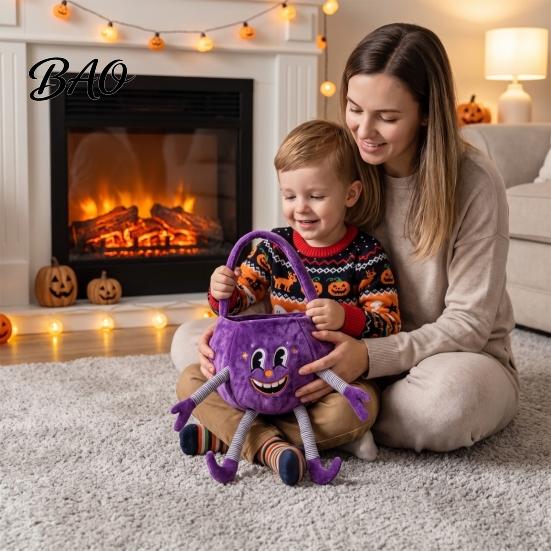Kids Halloween Role Play Accessories Pumpkin Candy Basket with Handle, Soft Plush Trick or Treat Bag for Kids, Personalized Pails Portable Holiday