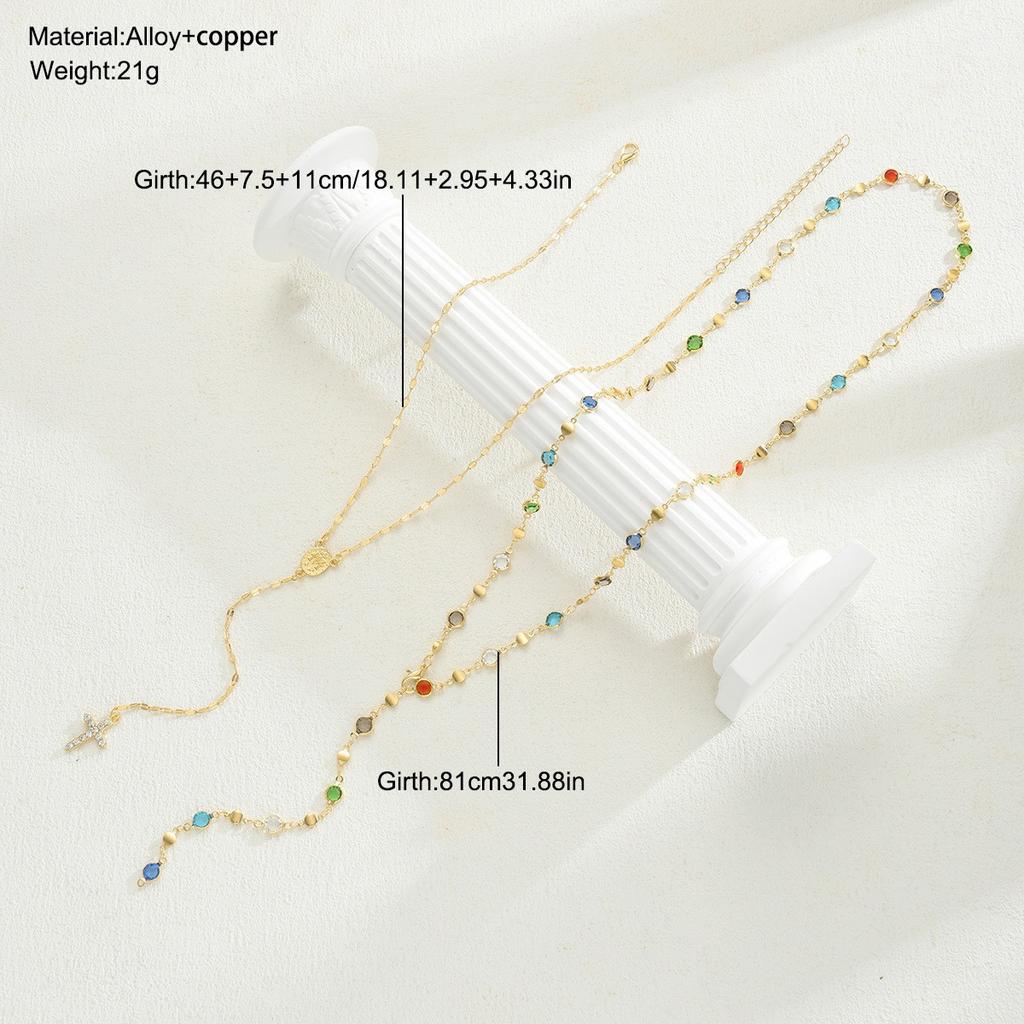 2 Pcs/Set Y-Shape Tassel Chain Multi-layered Necklace for Women Vintage Colorful Crystal Cross Necklaces Daily Wear Jewelry Gift
