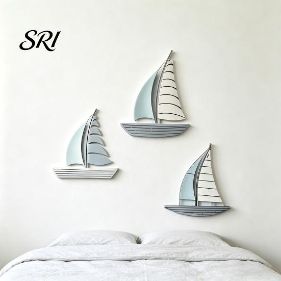 Coastal Wall Hanging 3Pcs/Set Wooden Sailboat Art Nautical Sailing Ship Beach Lake House Decoration Living Room Bathroom Theme Decor Solid Wood