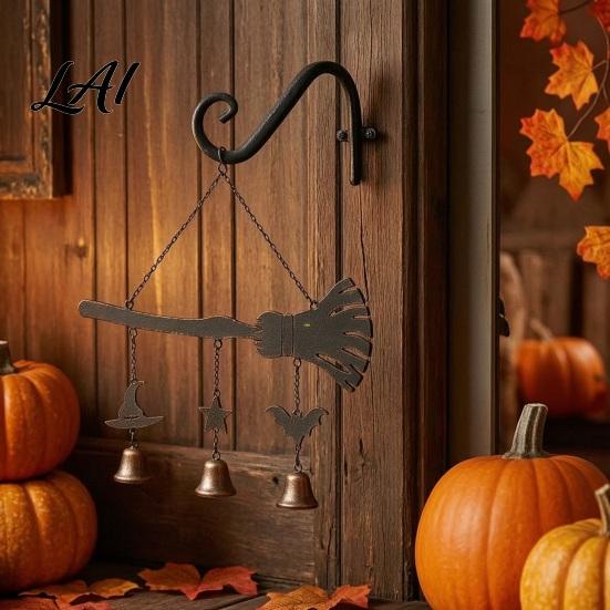 Home Aesthetic Hanging Decor Halloween Broomstick Witch Bells Vintage Gothic Metal Wind Decorative Pendant for Patio Chime Door Wall Window