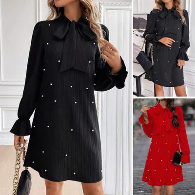 Vestido feminino com cadarço, laço, pérola falsa, linha A, mangas bufantes, cor pura, comprimento acima do joelho, mini vestido, baile, festa, namoro, vestido curto