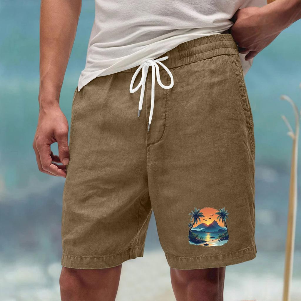 Men’s Casual Loose Fit Drawstring Waist Shorts with Hawaiian Beach Print Relaxed Linen Blend Summer Athletic Pants