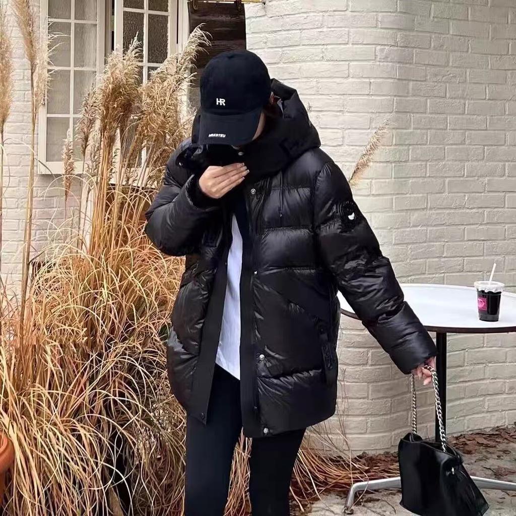 Down jacket men's and women's new couple white duck down medium and long black brick trendy brand bright-faced hooded thickened jacket