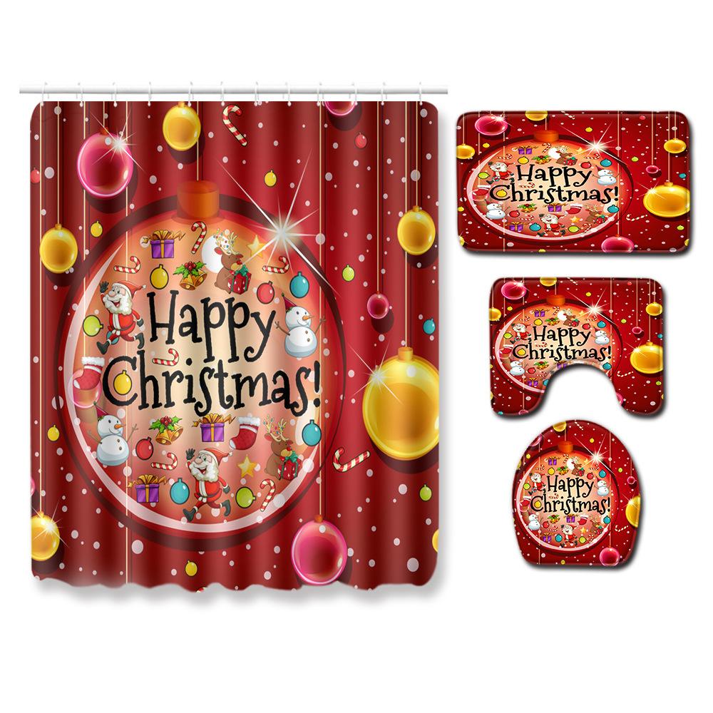 Christmas Shower Curtain Floor Mat Combination Four-Piece Set Bathroom Toilet Carpet Shower Room Mat Foot Mat