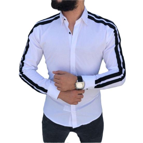 Long Sleeve Turn-down Collar Men Shirt Button Cuffs Side Striped Slim Office Shirt Leisure Clothing
