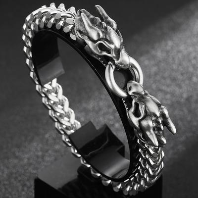 Pánský náramek Viking Double Dragon Wolf Head Man 8MM Široká broušená nerezová ocel Franco Link Curb Chain Pánské náramky Punk