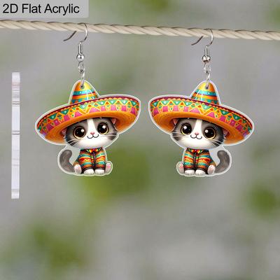 2D Flat Cinco De Mayo Earrings for Women, Cute Mexican Style CatAcrylic Jewelry Gift