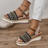Summer Large Size Flat-bottomed Wedge Sandals Women's One-word Buckle New Hemp Rope-soled Thick-soled Beach Sandals