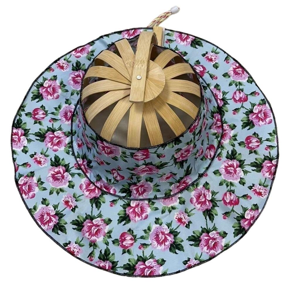 Floral Printed Fan Sun Hats Foldable Bamboo Sunscreen Cap Women Sunhat Folding Fan Hat  for Travel