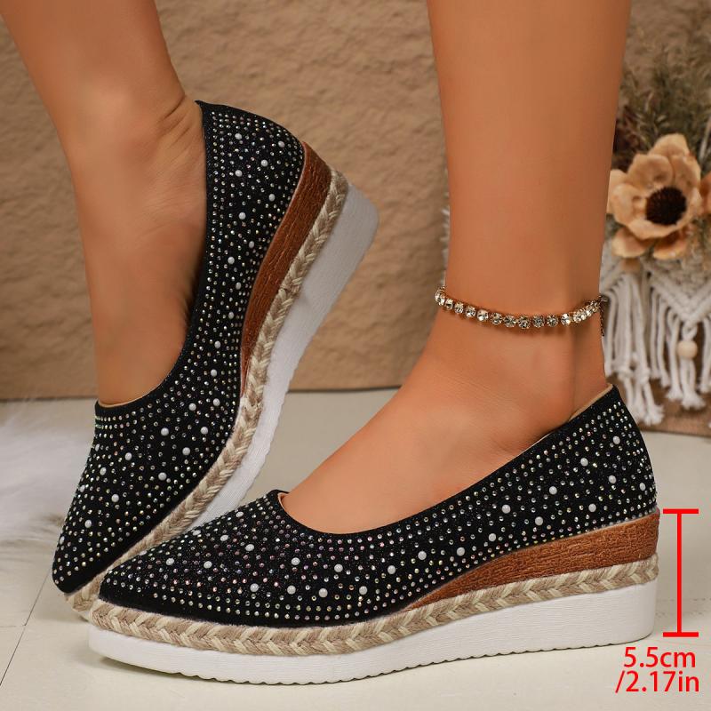Sequin Cloth Glitter Decoration Wedge Heel Pumps Women 2025 Autumn Pointed Toe High Heel Loafers Casual Soft Sole Shoes