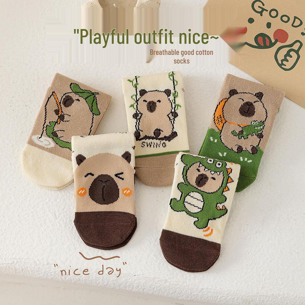 Capybara Kids' Cotton Mid-Calf Socks with Cartoon Designs for Spring, Autumn, and Winter