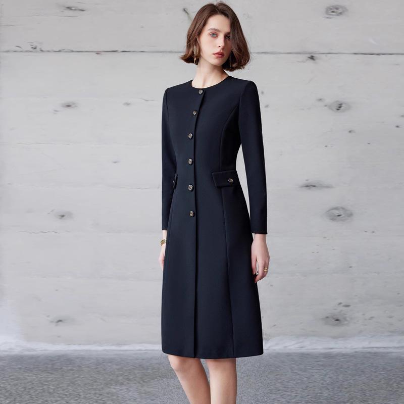 Spring-Autumn Slimming Round Neck Mid-Length Single-Breasted Women's Dress