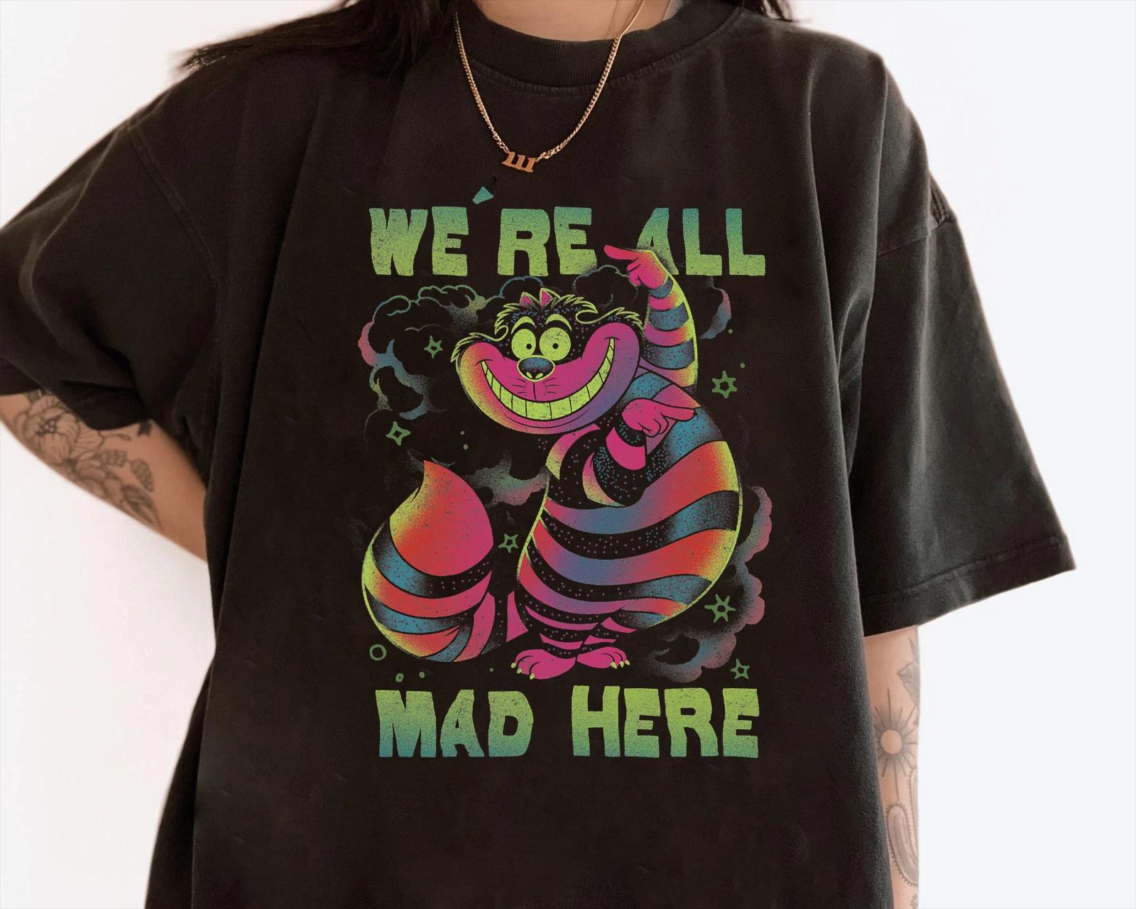 Disney Alice In Wonderland Cheshire Cat Neon All Mad Here Unisex Shirt 3XL