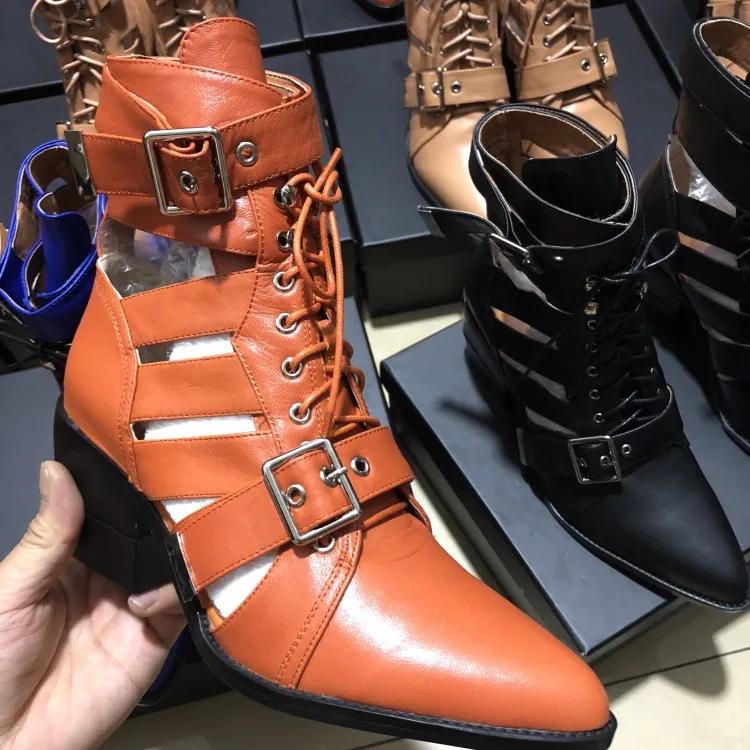 Fashion Brand Fashion Show Genuine Leather Hollow Out Women's Cool Boots Belt Buckle Pointed 6cm High Heels Fashion European American