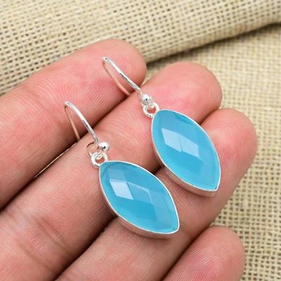 Blue Chalcedony Gemstone 925 Solid Sterling Silver Handmade Antique Jewelry Gift For Mother Earrings