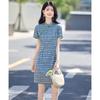 Women's New Chinese Style Plaid Short-Sleeved Qipao Midi Dress