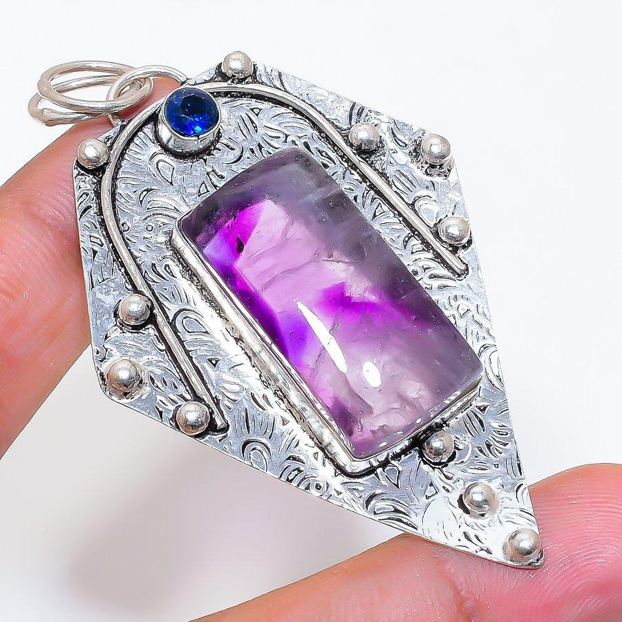 Natural Sage Amethyst, Iolite 925 Sterling Silver Jewelry Pendant 2.88" ZS-794