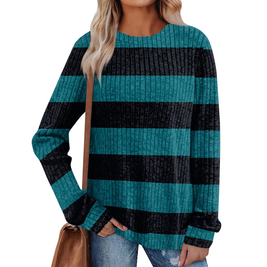 Women's Winter Color-Block Printed Lightweight Brushed-Cotton Round Neck Top