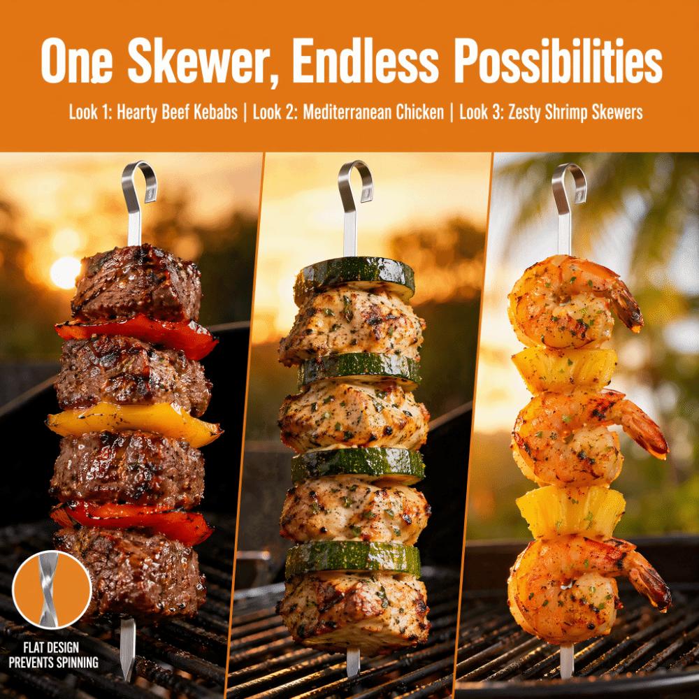 12PCS Flat Blade BBQ Skewers Hooked Handle Grill Skewers Kabob Sticks Vegetable Skewering
