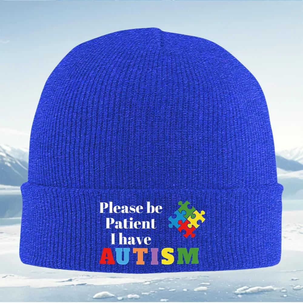 Puzzle Pieces Autism Awareness Sign Message Knitted Hat Unisex Women Unisex Beanie Pullover Cap Winter Thermal Warm Christmas Outdo