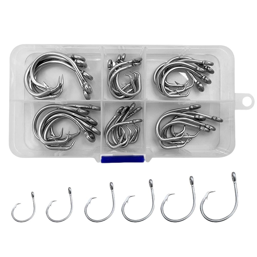

30 шт./коробка Рыболовные крючки-круги из нержавеющей стали Крючки для ловли осьминога Солеводные крючки с бородкой Рыболовные аксессуары