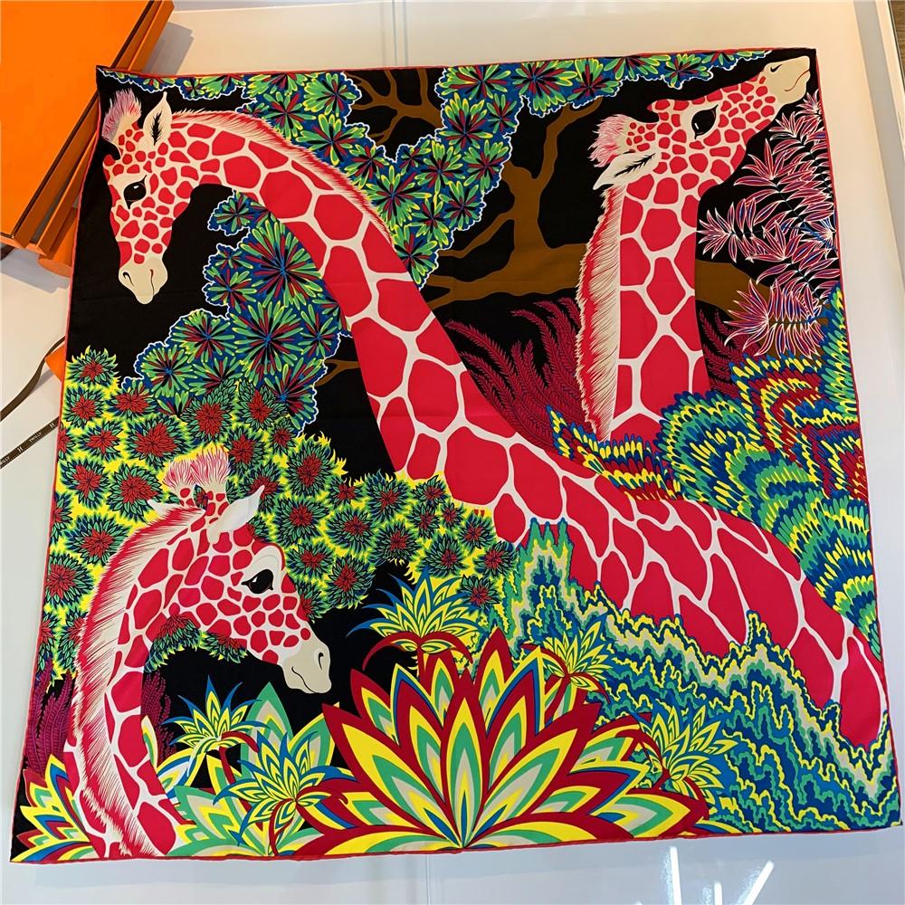 Trois Girafe Hijabs Foulard Femme Bandana Fait Main Sergé Bouclé Soie Carré Foulard de Luxe Foulards de Tête Écharpes 90Cm